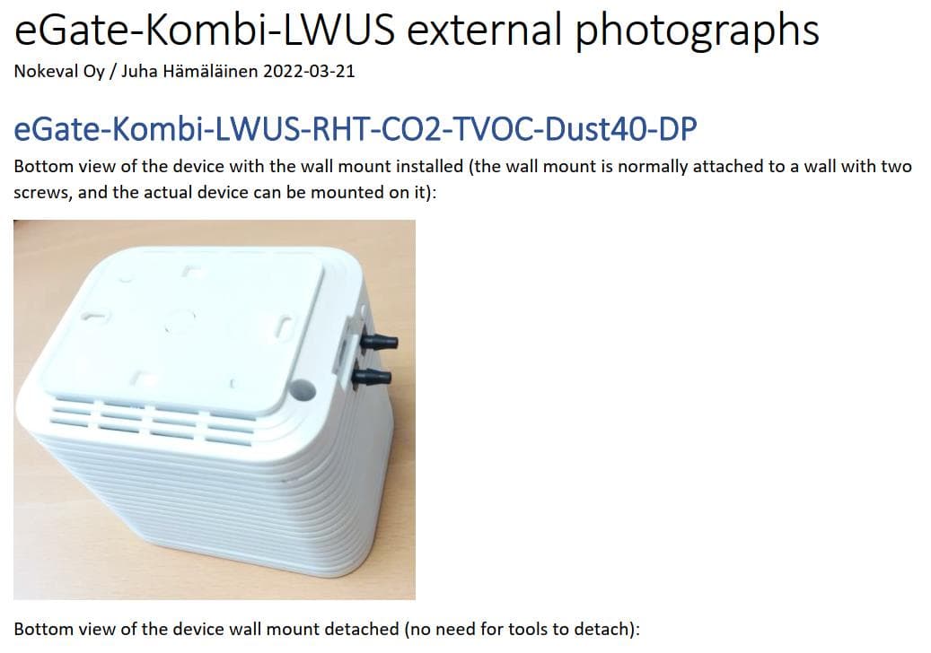 Wireless air quality transmitter. Can measure temperature, humidity, CO2, VOC, particles and differential pressure. Uses LoRA WAN US915 radio - FCC ID 2A3B4KOMBI1 - Nokeval