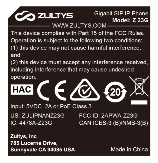 Gigabit SIP IP Phone - FCC ID 2APWA-Z23G - Zultys, Inc.
