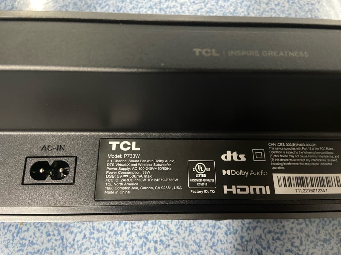 3.1 Channel Sound Bar with Dolby Audio, DTS Virtual X and Wireless Subwoofer - FCC ID 2ARUDP733W - TCL Entertainment Solutions Limited