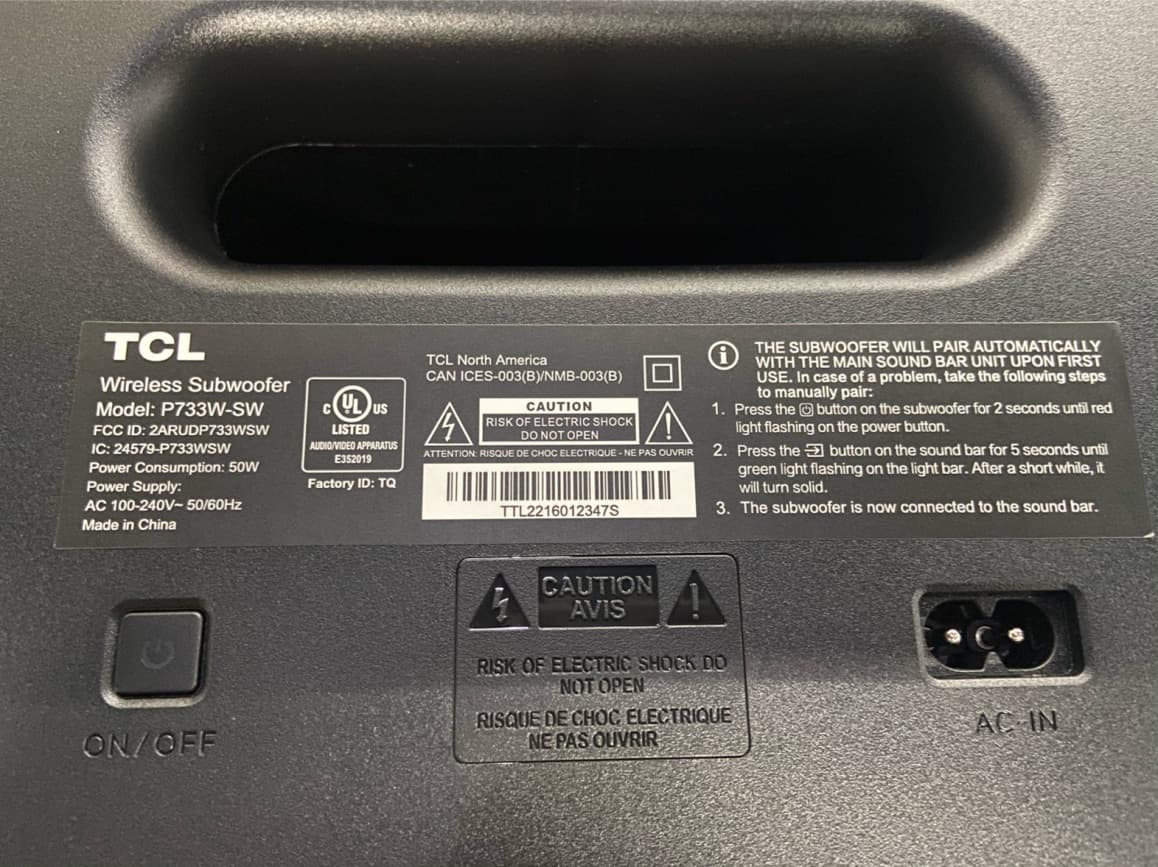 Wireless Subwoofer - FCC ID 2ARUDP733WSW - TCL Entertainment Solutions Limited
