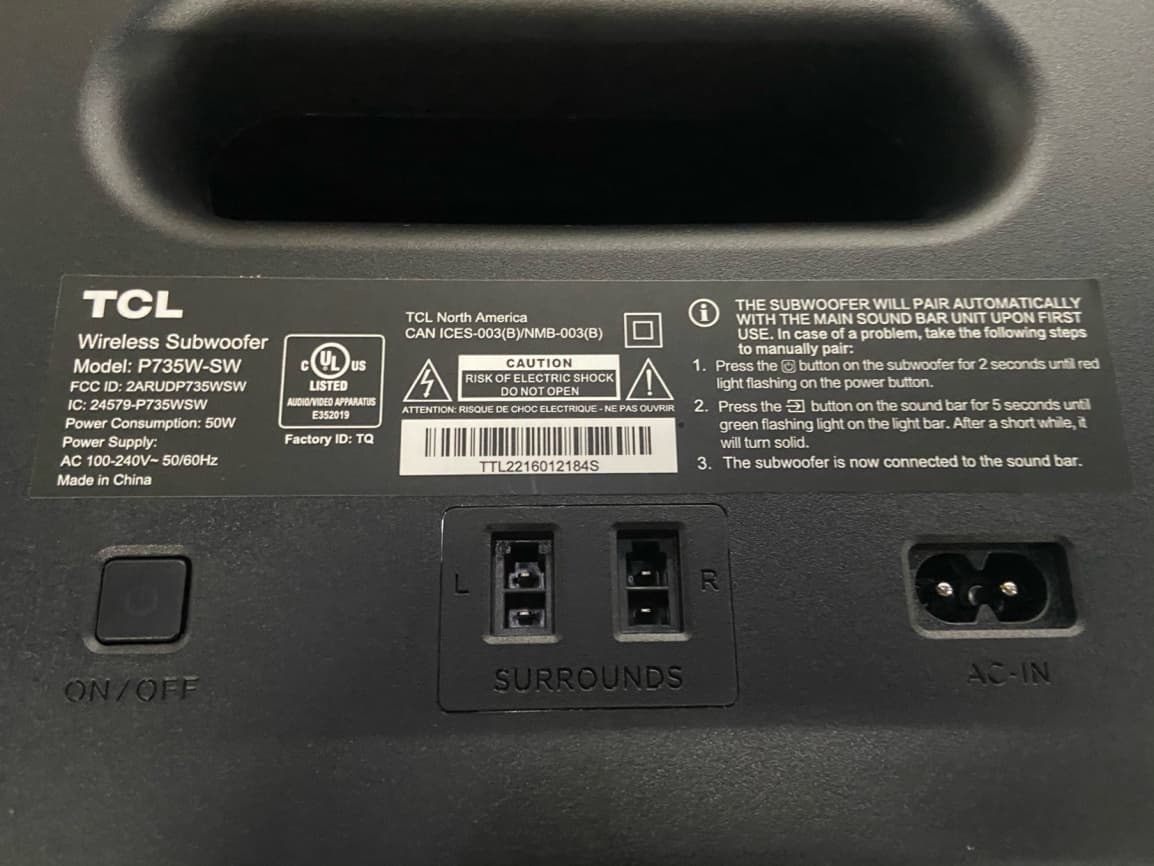 Wireless Subwoofer - FCC ID 2ARUDP735WSW - TCL Entertainment Solutions Limited
