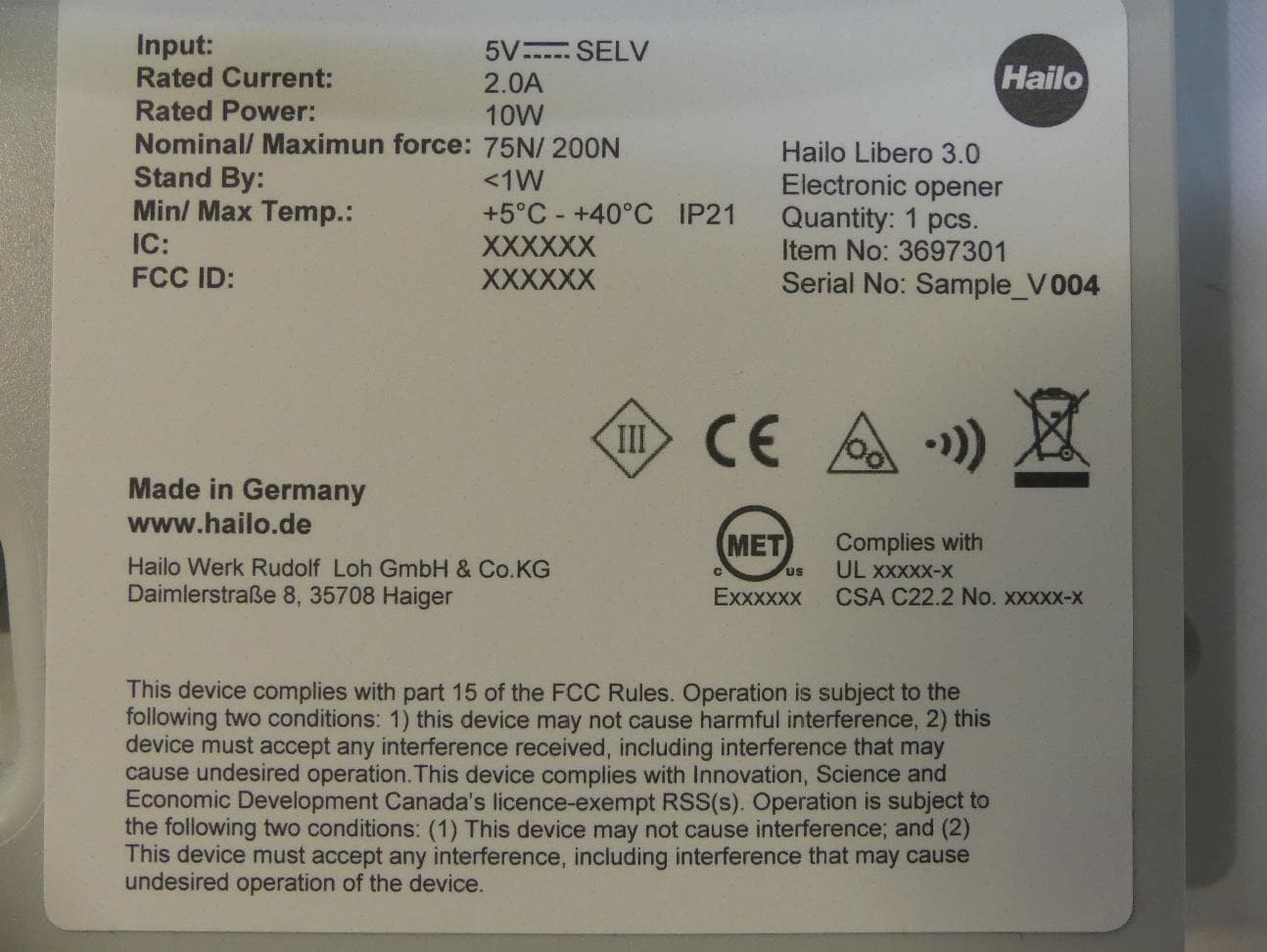 Electric Door-Opener - FCC ID 2ATCYLIBERO30 - Hailo-Werk Rudolf Loh GmbH & Co. KG