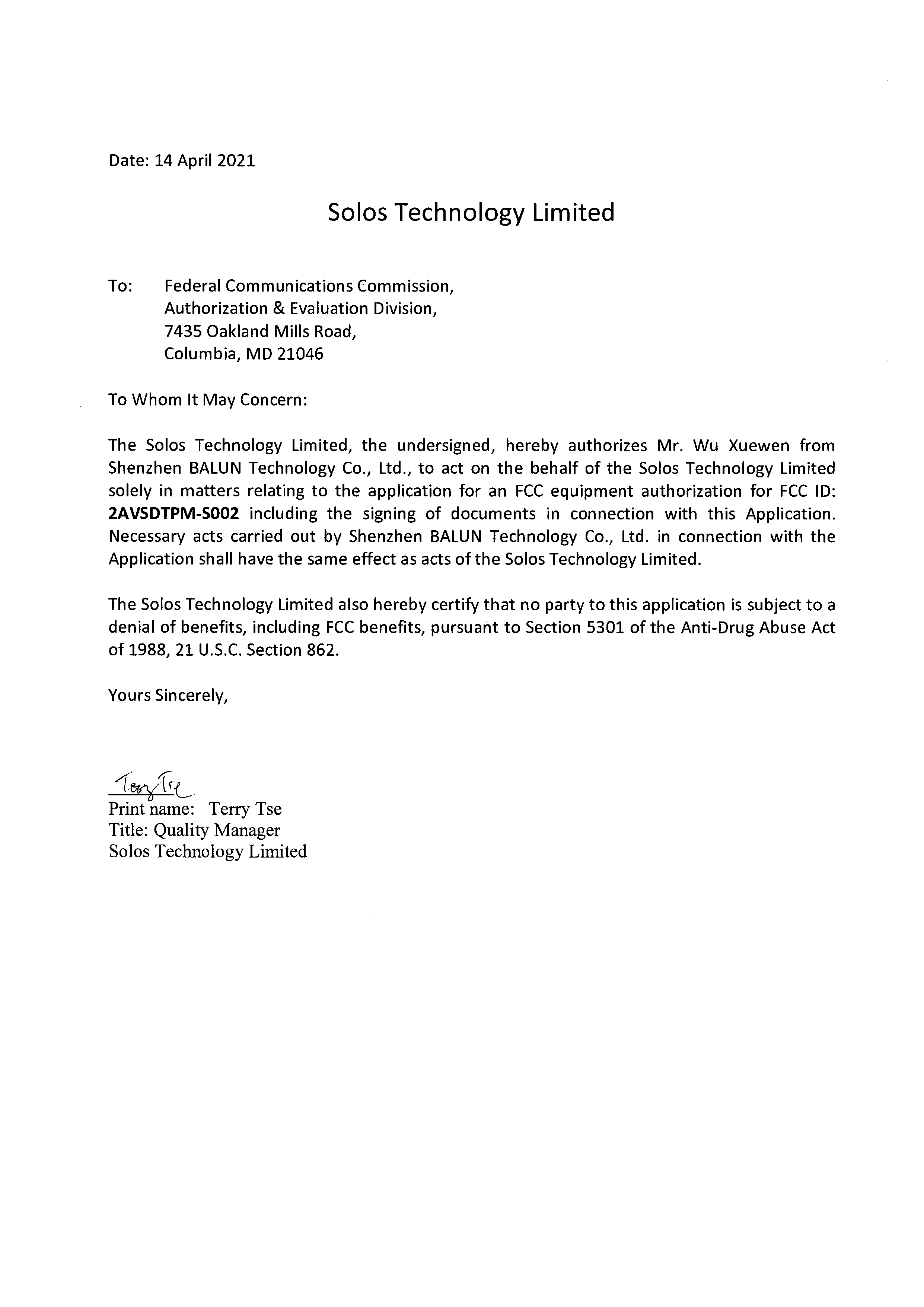 Airgo 2 - FCC ID 2AVSDTPM-S002 - SOLOS Technology Limited