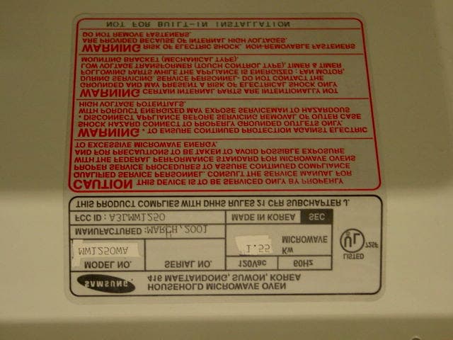 Microwave Oven - FCC ID A3LMW1250 - Samsung Electronics Co Ltd