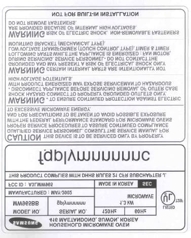 Microwave Oven - FCC ID A3LMW965 - Samsung Electronics Co Ltd