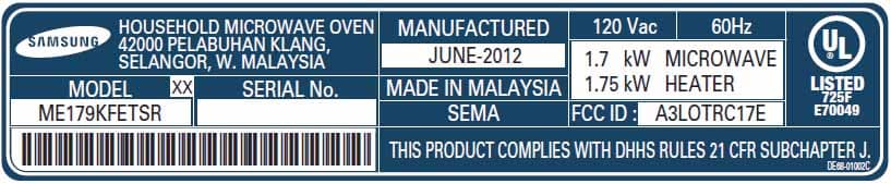 Microwave Oven - FCC ID A3LOTRC17E - Samsung Electronics Co Ltd