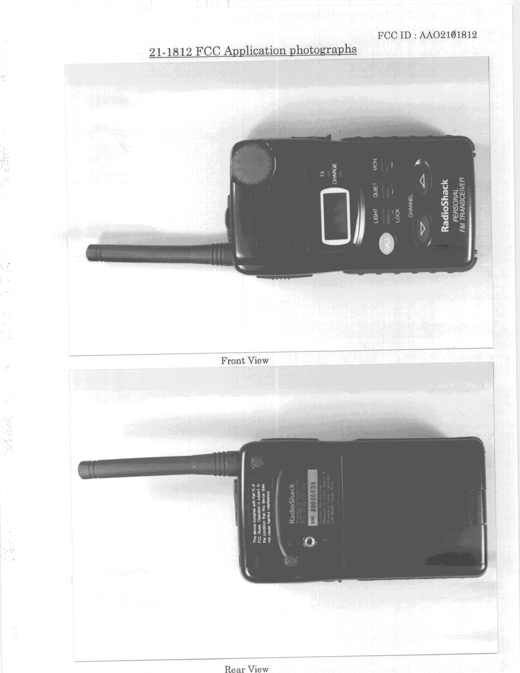 FRF - Part 95 Family Radio Face Held Transmitter - FCC ID AAO2101812 - RadioShack Corporation (3)
