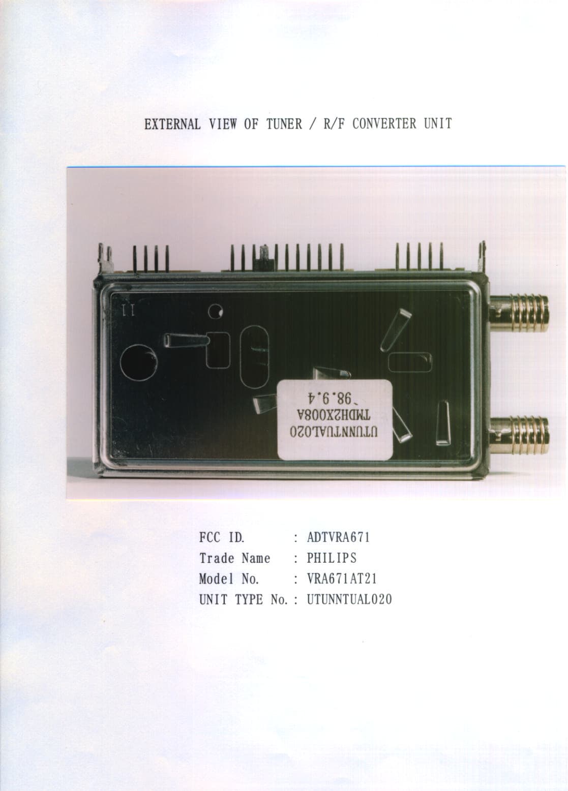 VCR - FCC ID ADTVRA671 - Funai Electric Co Ltd