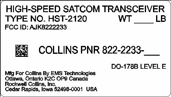 HST-2120 High Speed Satellite Transceiver - FCC ID AJK8222233 - Rockwell Collins Inc