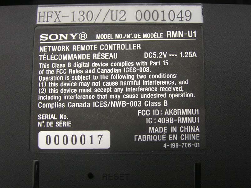 NETWORK REMOTE CONTROLLER - FCC ID AK8RMNU1 - Sony Group Corporation