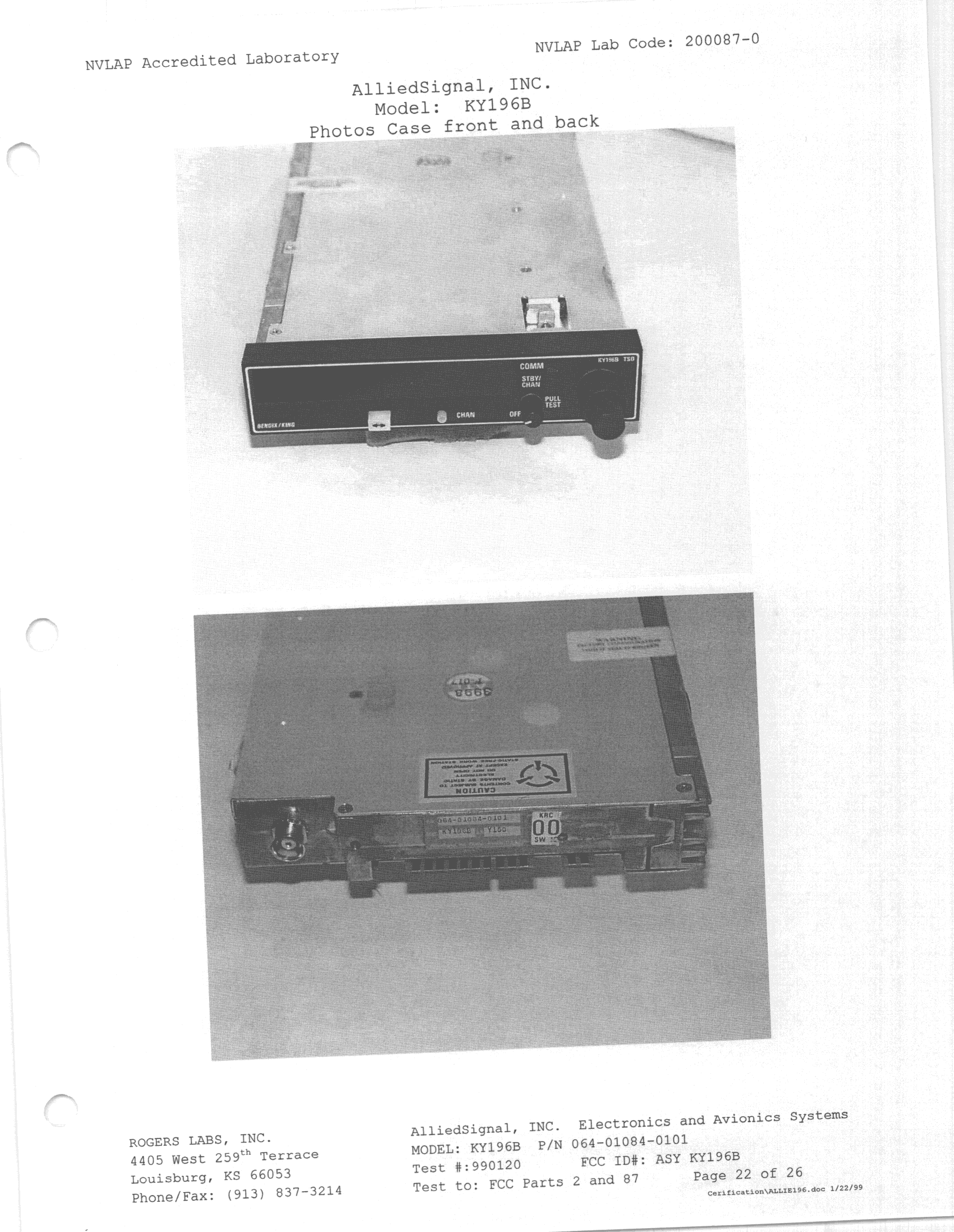 TNB - Licensed Non-Broadcast Station Transmitter - FCC ID ASYKY196B - Honeywell International Inc.
