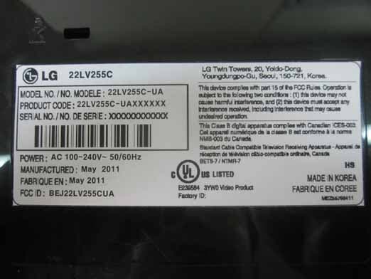 TV / LCD Monitor - FCC ID BEJ22LV255CUA - LG Electronics USA, Inc. (1)