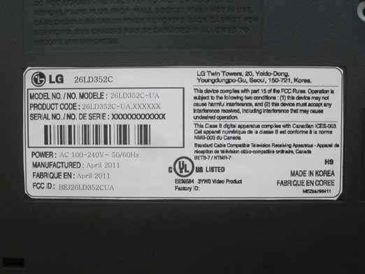 LCD TV / MONITOR (Model:26LD352C-UA) - FCC ID BEJ26LD352CUA - LG Electronics USA, Inc.