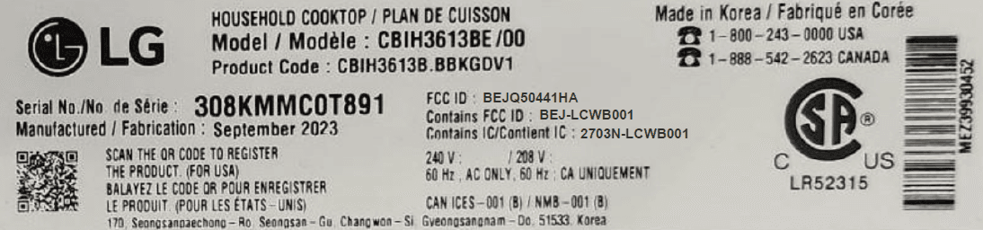 HOUSEHOLD COOKTOP - FCC ID BEJQ50441HA - LG Electronics USA, Inc. (2)