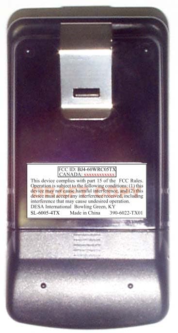 Remote Control - FCC ID BJ4-60WRC05TX - HeathCo LLC