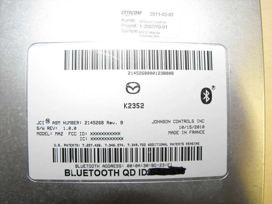 Mazda Blue Tooth HandsFree - FCC ID CB2MAZGEN6HFT - Johnson Controls Interiors L.L.C.