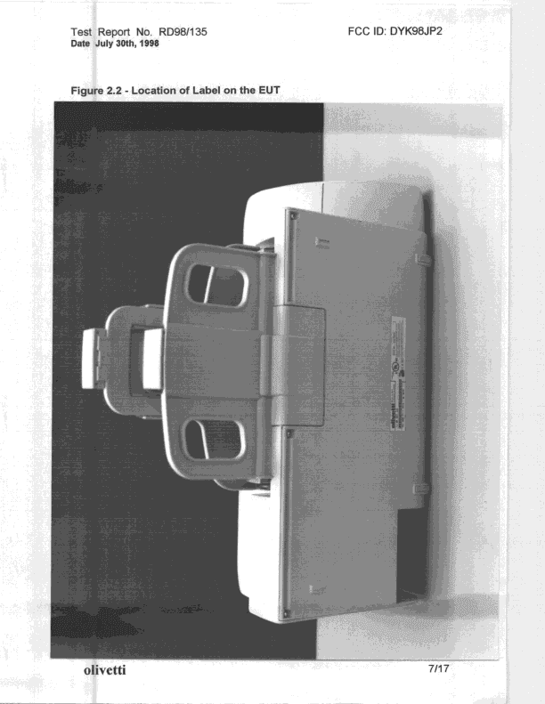 JBP - Part 15 Class B Computing Device Peripheral - FCC ID DYK98JP2 - Ing C Olivetti & Co SpA