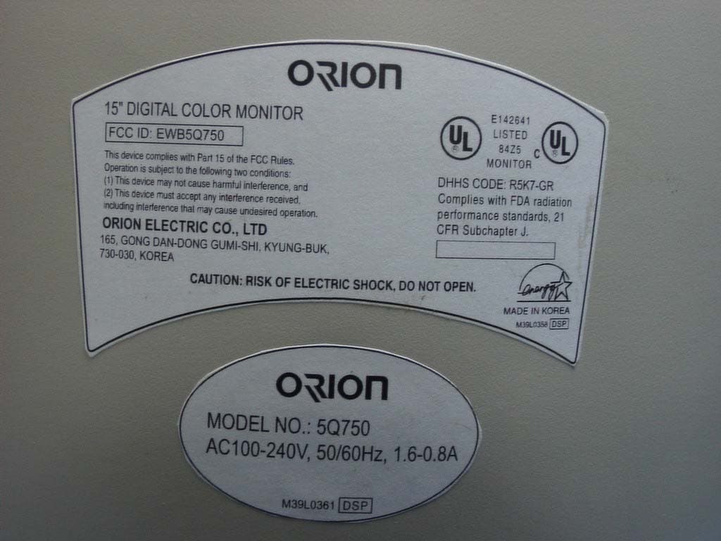 15" CRT Monitor - FCC ID EWB5Q750 - Orion Electric Co Ltd