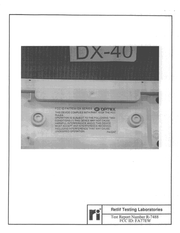FDS - Part 15 Field Disturbance Sensor - FCC ID FA77EW - Optex Incorporated (2)