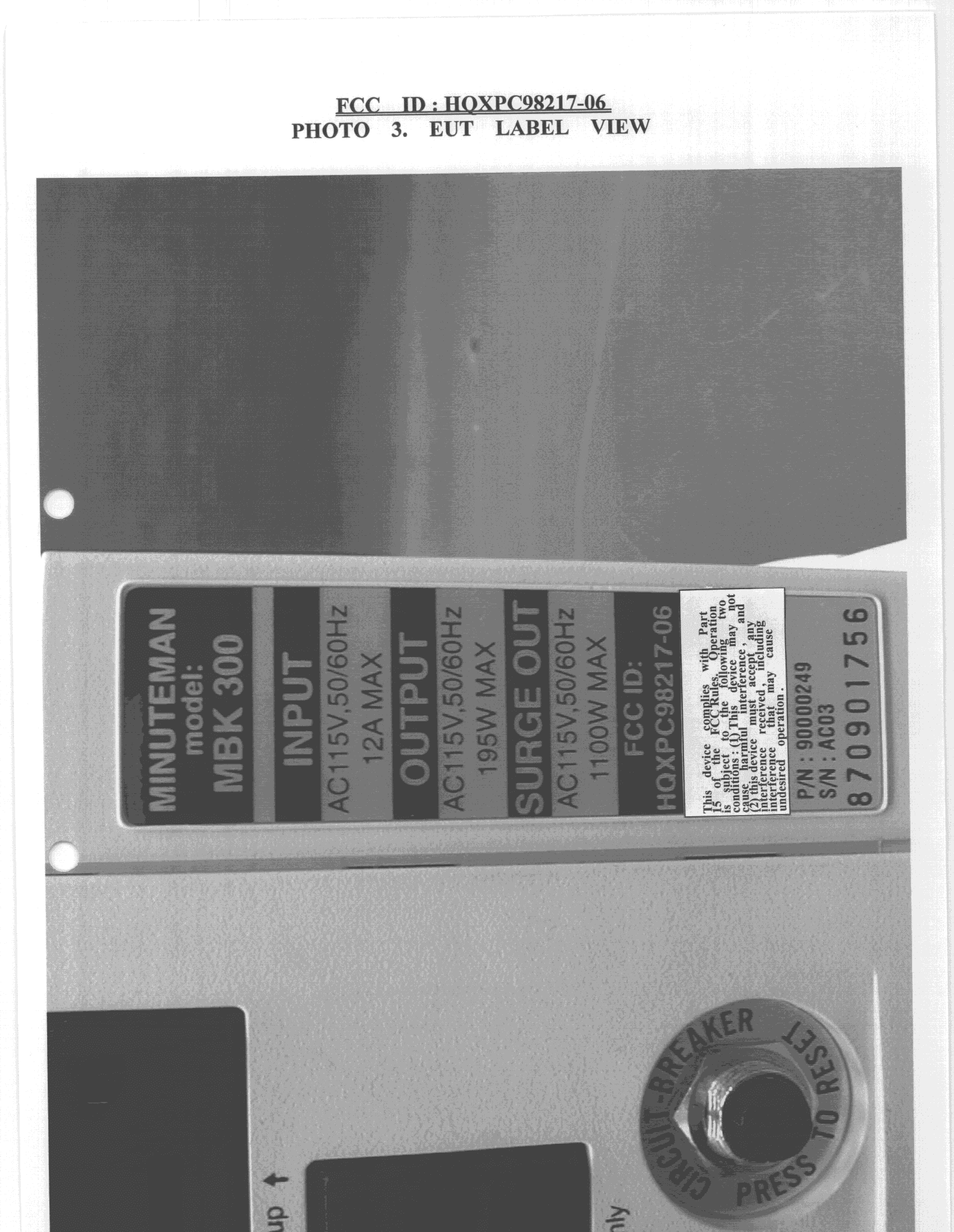 Uninterruptible Power Supply - FCC ID HQXPC98217-06 - Sysgration Ltd.
