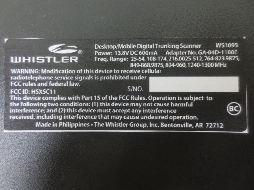 Digital Trunking Desktop Radio Scanner - FCC ID HSXSC11 - The Whistler Group