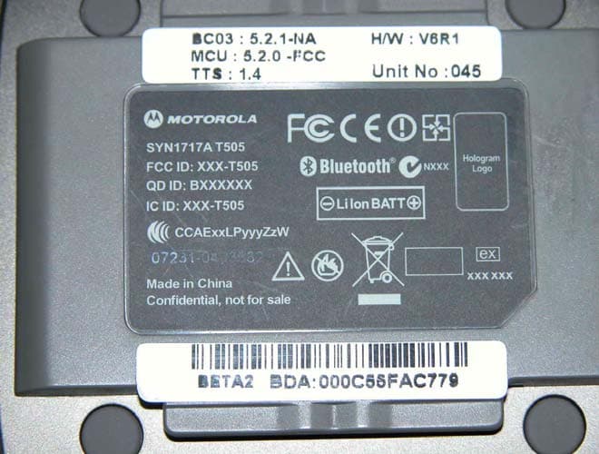 T505 BT Car Kit - FCC ID IHDT6HF1 - Motorola Mobility LLC
