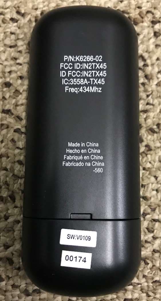 Remote control for ceiling fan - FCC ID IN2TX49 - Hunter Fan Company