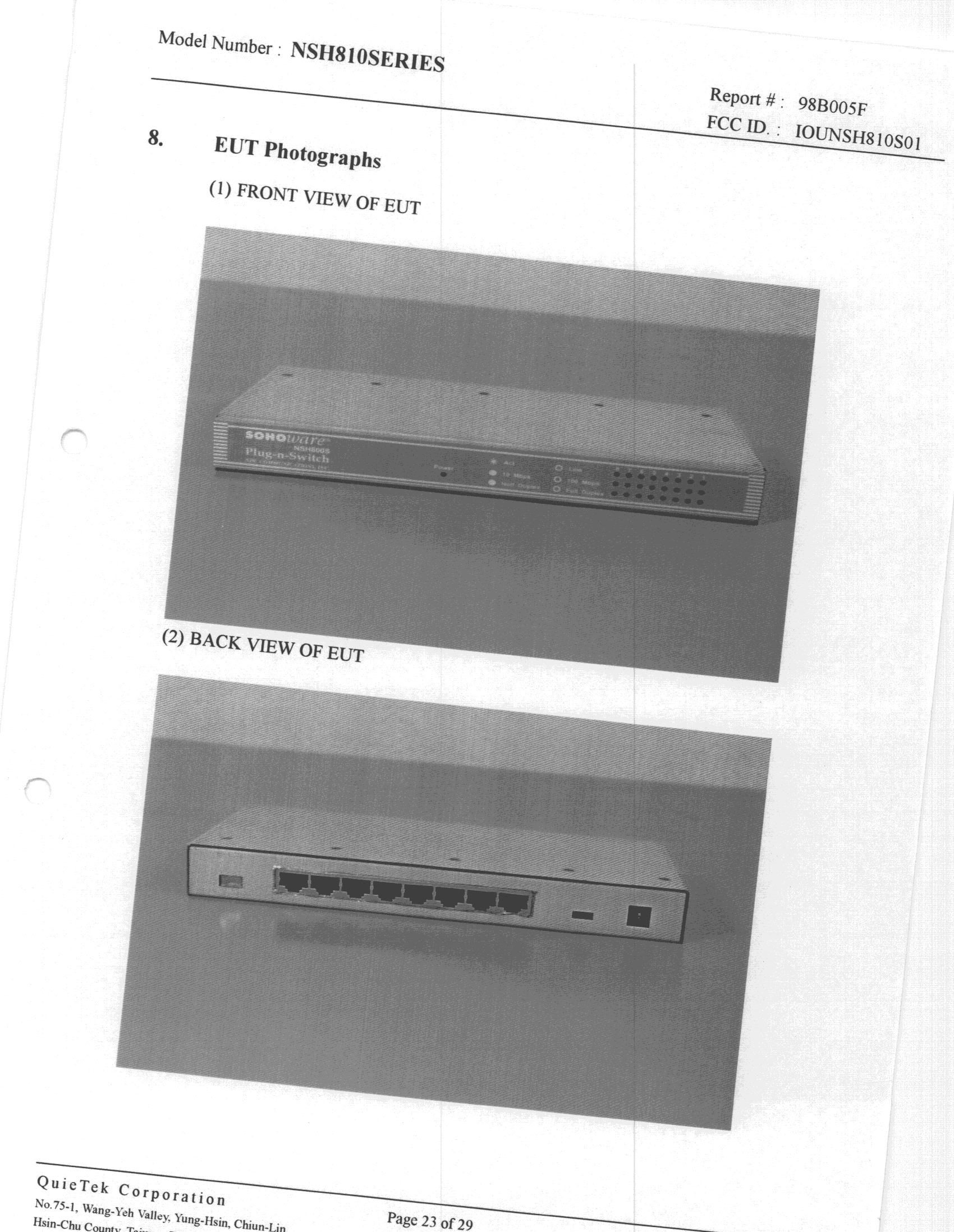 Ethernet Hub - FCC ID IOUNSH810S01 - National Datacomm Corporation