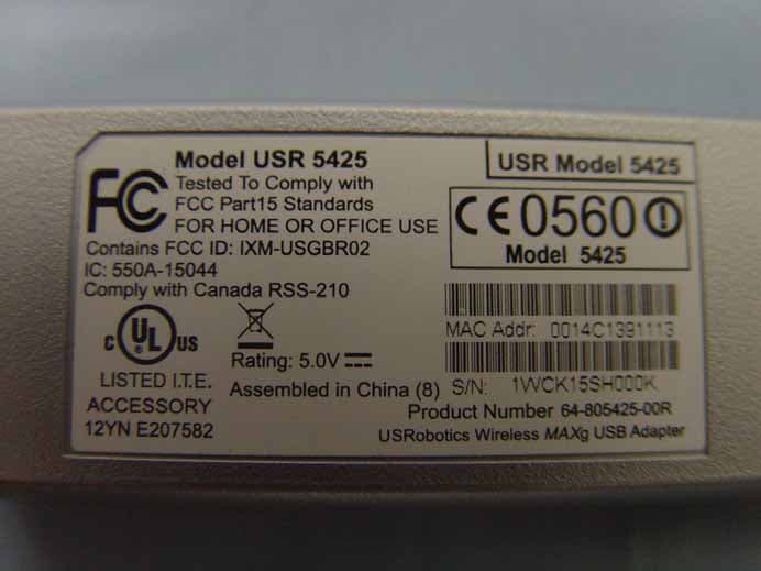 USROBOTICS WIRELESS MAXg USB ADAPTER - FCC ID IXM-USGBR02 - Universal Scientific Industrial Co., Ltd.