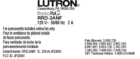 Control - FCC ID JPZ0091 - Lutron Electronics Company Inc