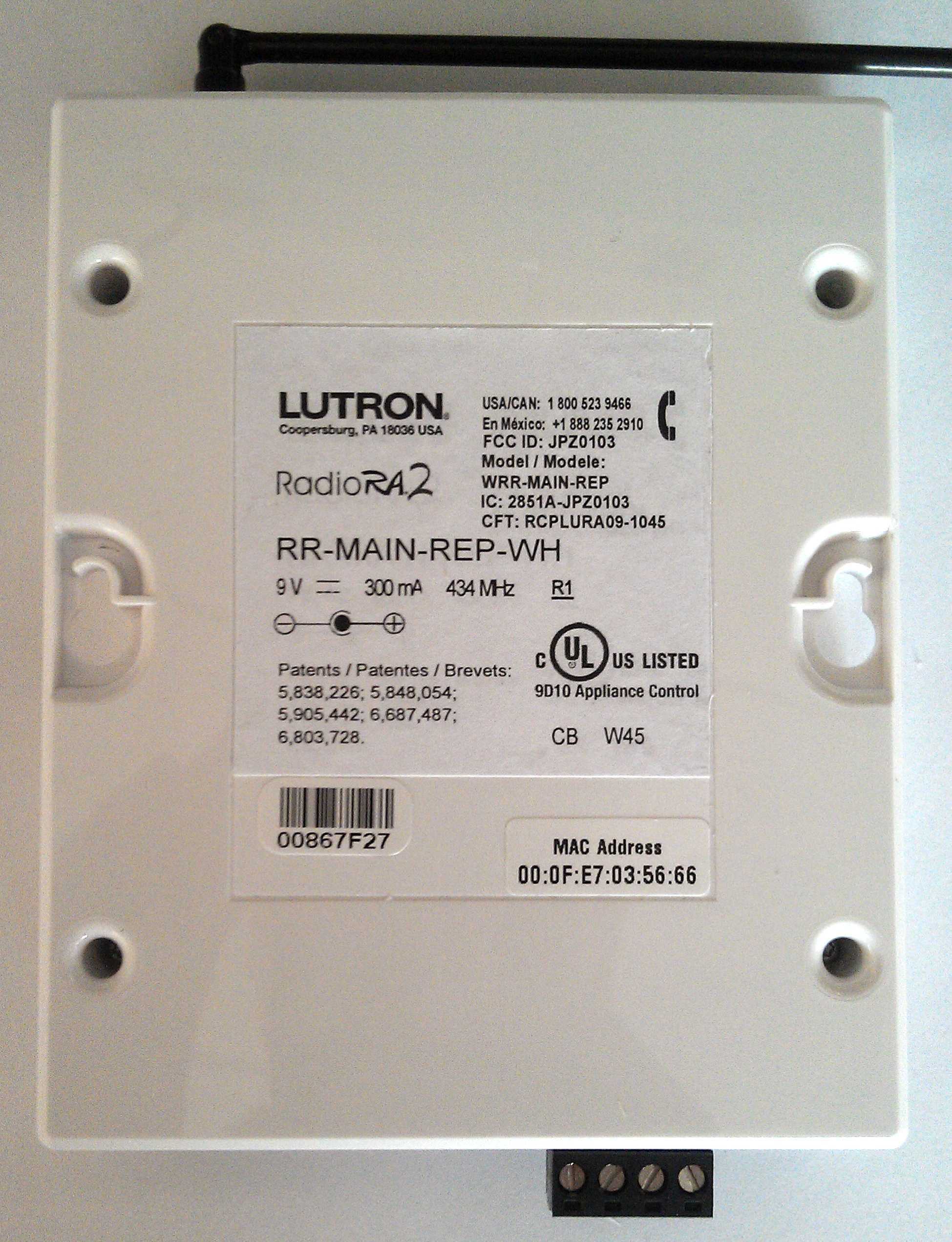 Radio Ra Main Repeater - FCC ID JPZ0103 - Lutron Electronics Company Inc