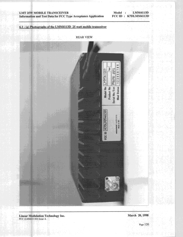 TNB - Licensed Non-Broadcast Station Transmitter - FCC ID K7DLMM4113D - Linear Modulation Technology Inc