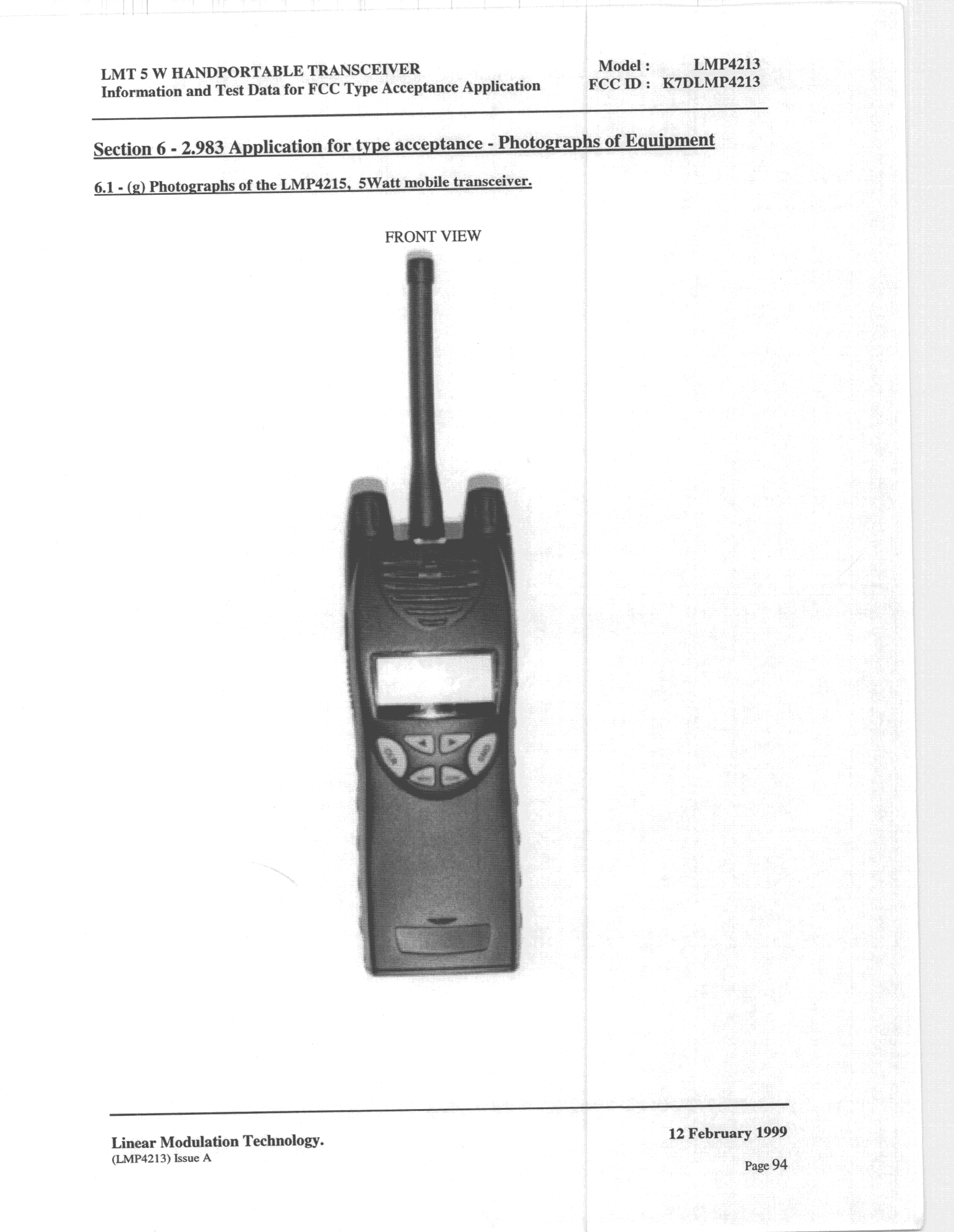 TNF - Licensed Non-Broadcast Transmitter Held to Face - FCC ID K7DLMP4213 - Linear Modulation Technology Inc (4)