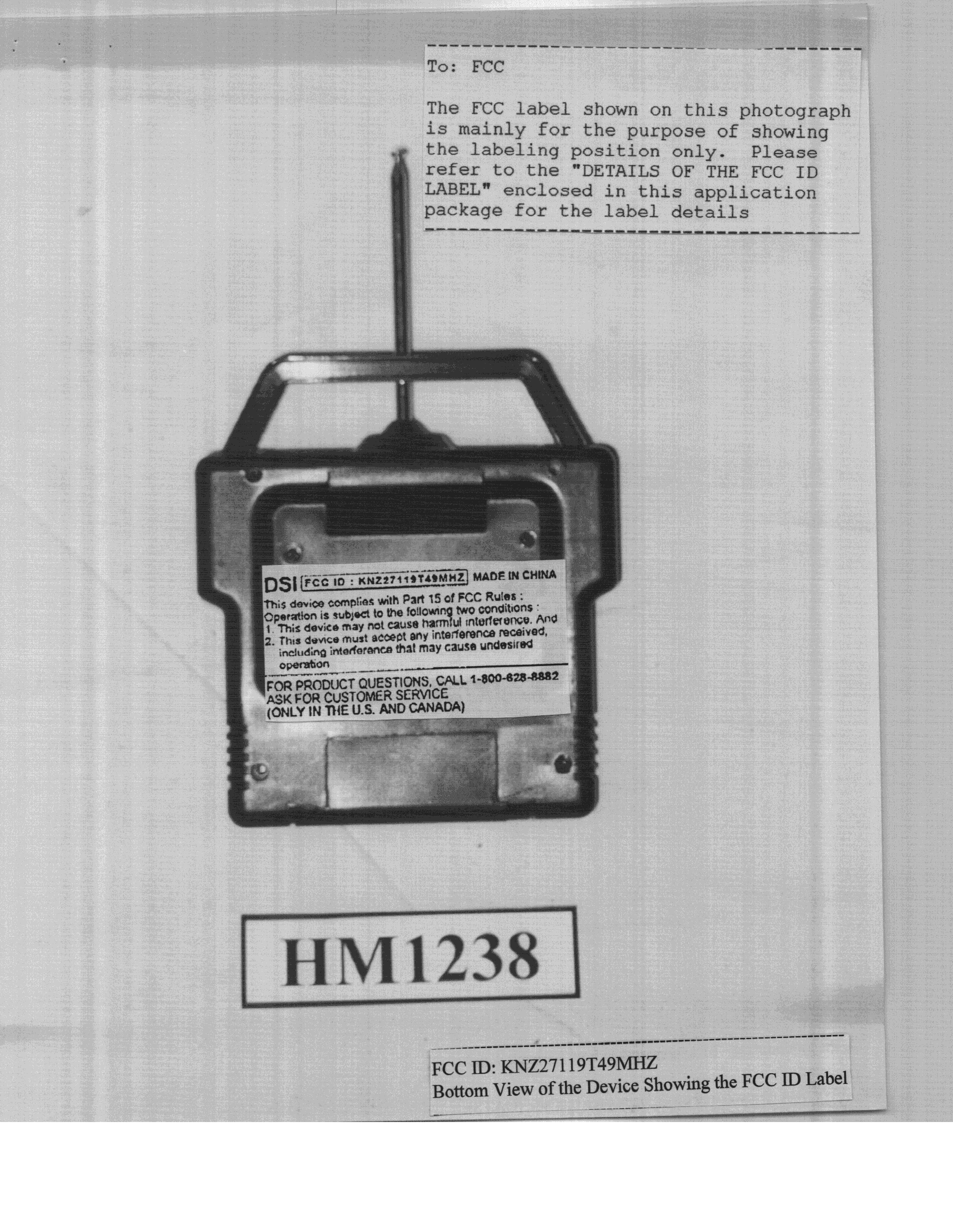 R/C Toy Car Transmitter - FCC ID KNZ27119T49MHZ - DSI (HK) Ltd