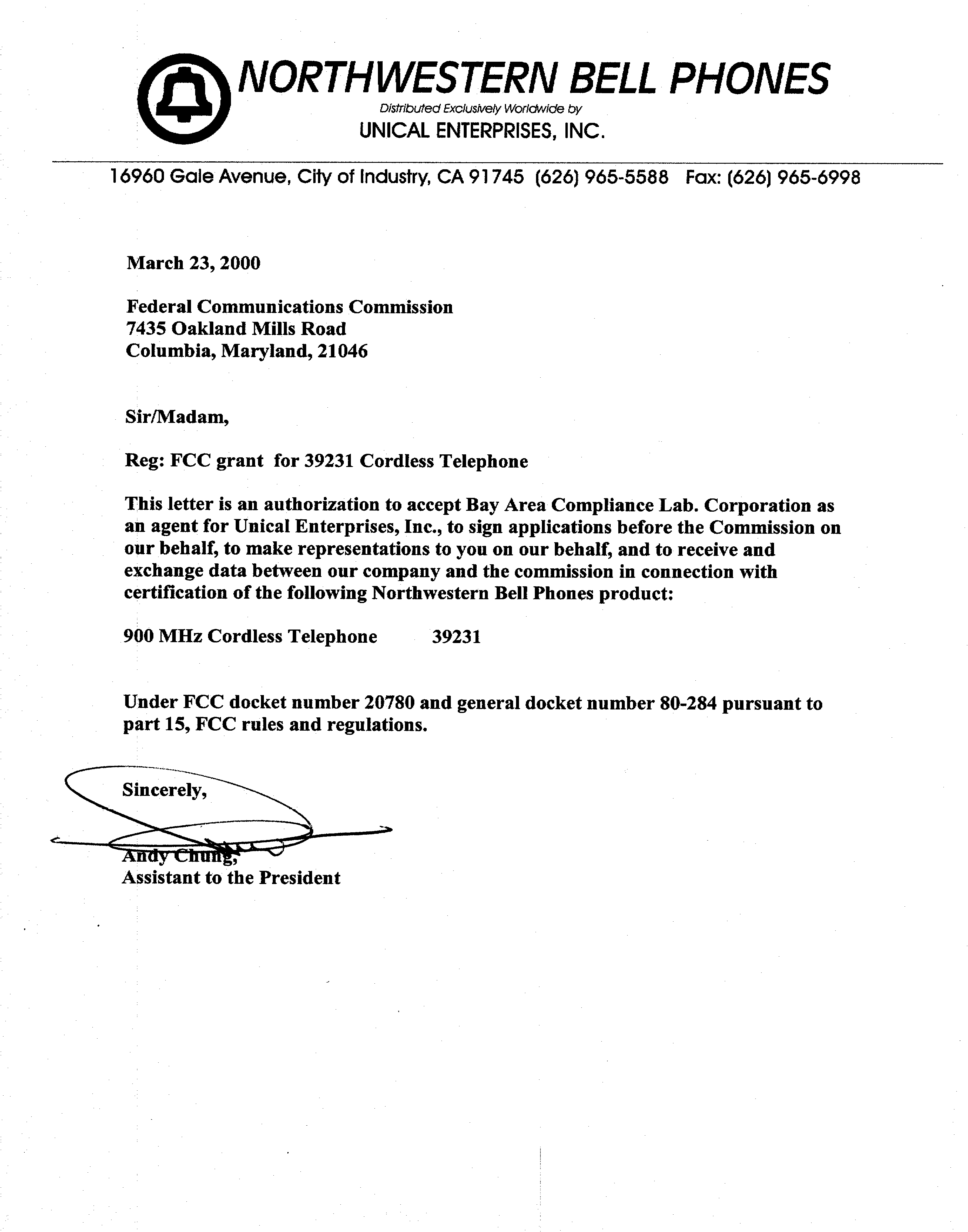 900 MHz Cordless phone - FCC ID LZX39231 - Unical Enterprises Inc