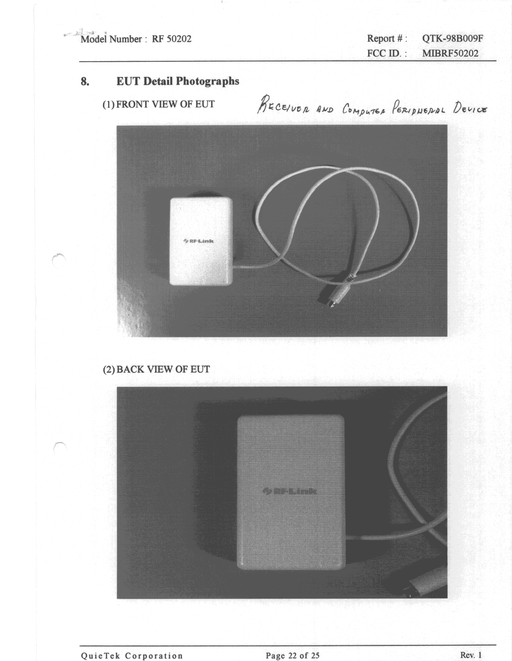 JBP - Part 15 Class B Computing Device Peripheral - FCC ID MIBRF50202 - RF Link Systems Inc
