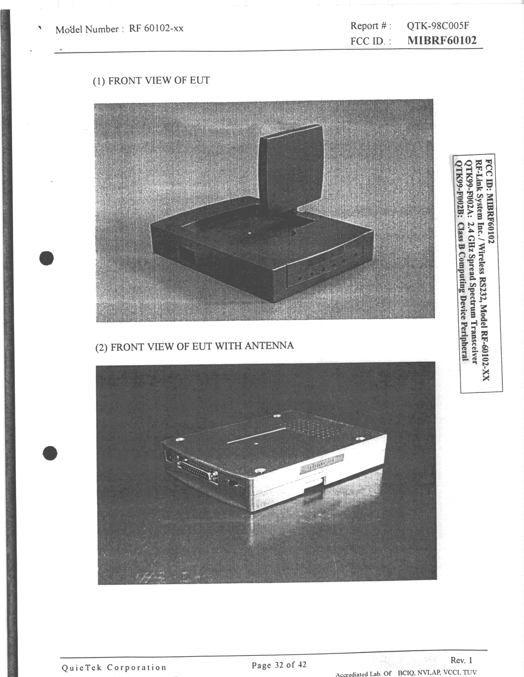 JBP - Part 15 Class B Computing Device Peripheral - FCC ID MIBRF60102 - RF Link Systems Inc