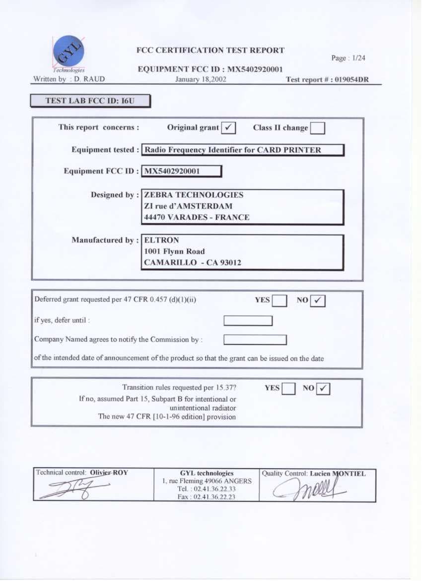 Radio Frequency Identifier - FCC ID MX5402920001 - Eltron Products