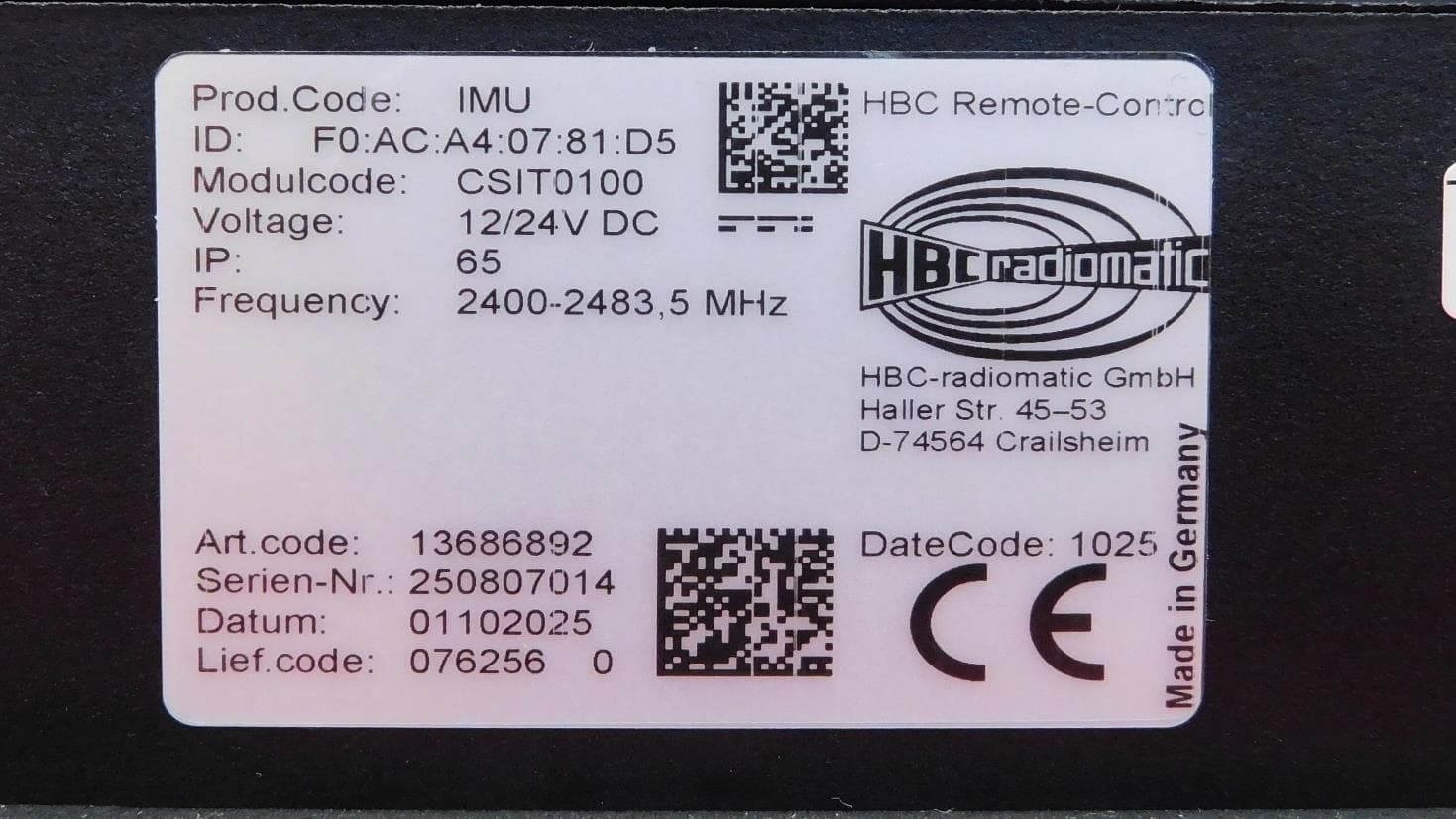 Inertial Measurement Unit - FCC ID NO9IMU - HBC-radiomatic GmbH