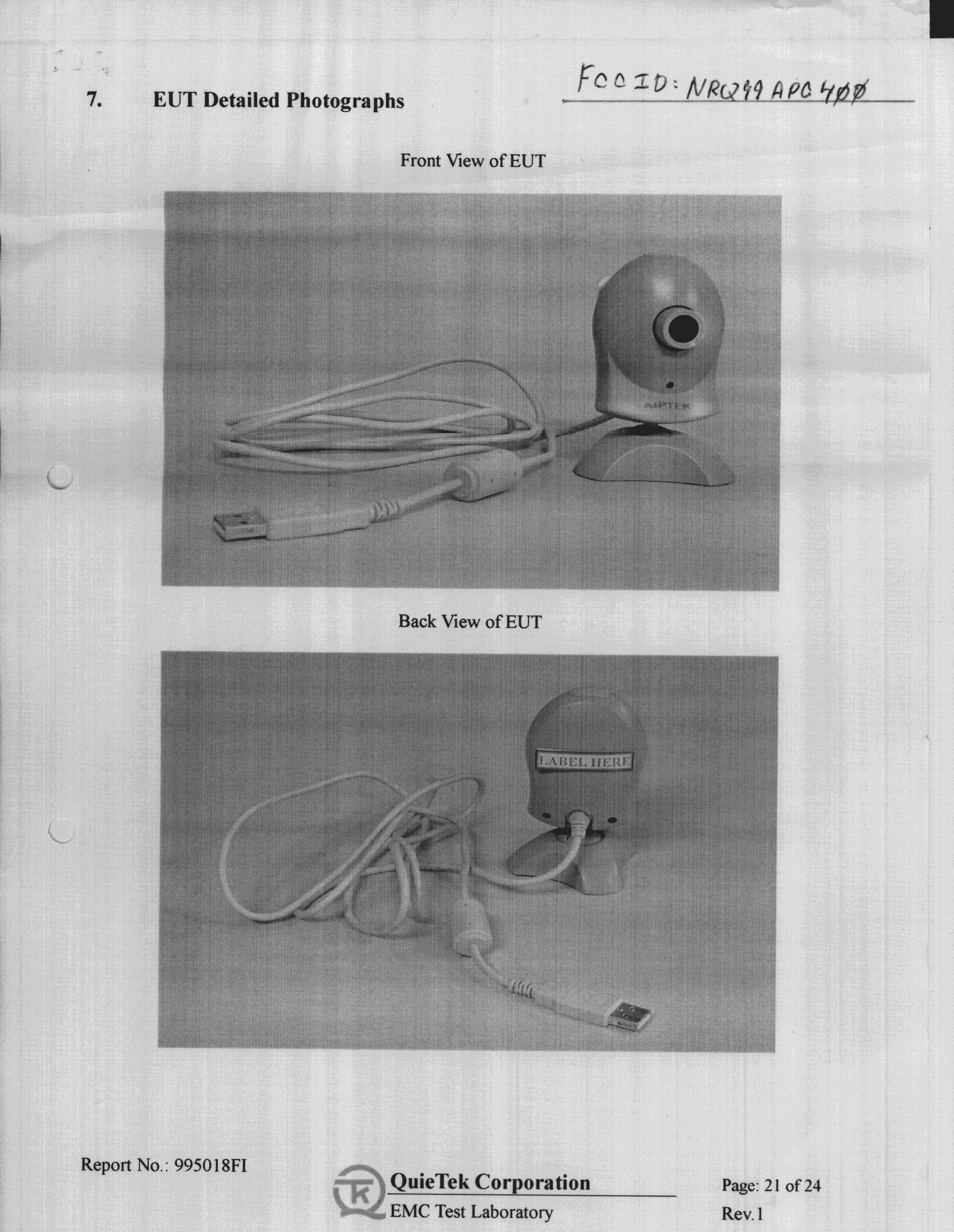 JBP - Part 15 Class B Computing Device Peripheral - FCC ID NRQ99APC400 - Aiptek International Inc