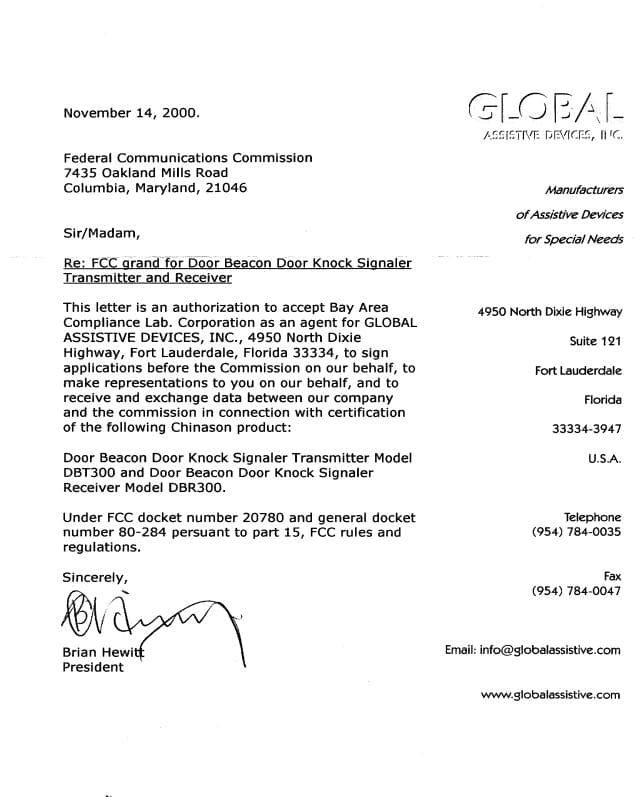 Door Beacon - FCC ID O9QDBT300 - Global Assistive Devices Inc