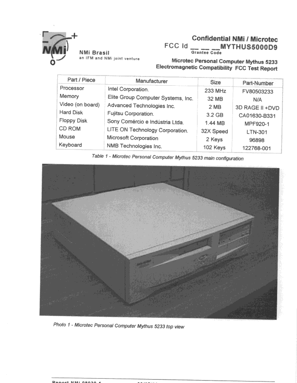JBC - Part 15 Class B Computing Device/Personal Computer - FCC ID OAOMYTHUS5000D9 - Microtec Sistemas Industria e Comercio S/A