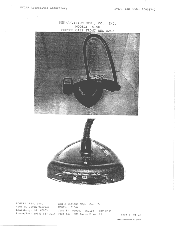 DXX - Part 15 Low Power Communication Device Transmitter - FCC ID OEV2599 - Ken-A-Vision Manufacturing Company, Inc.