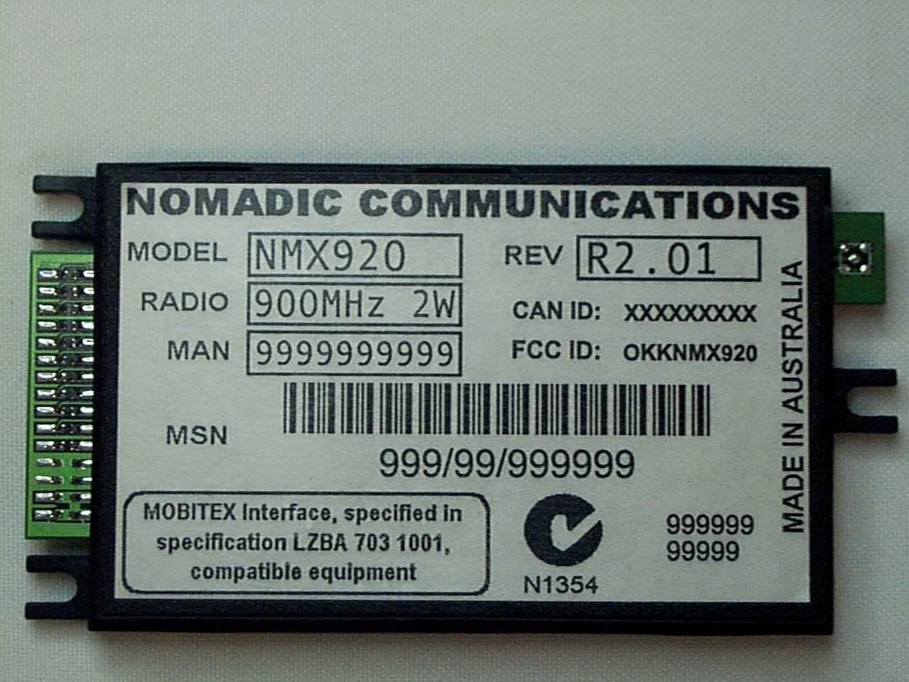 Mobitex Transmitter Module - FCC ID OKKNMX920 - Nomadic Communications PTY Ltd.