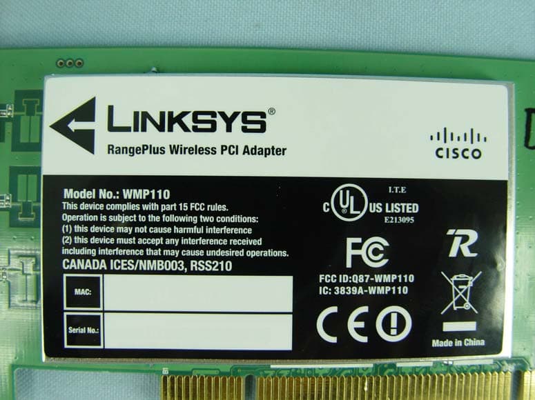 RangePlus Wireless PCI adapter - FCC ID Q87-WMP110 - LINKSYS LLC (2)