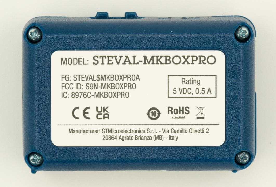 Development kit and reference design for prototyping and testing IoT applications. Key features core system board with sensors, ultra-low-power microcontroller, BLE wireless connectivity, optimized firmware libraries, cloud dashboard application. - FCC ID S9N-MKBOXPRO - ST Microelectronics S.R.L.