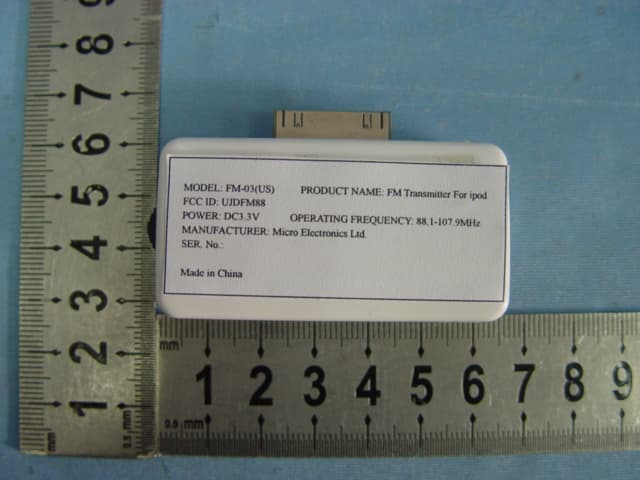 FM Transmitter for iPod - FCC ID UJDFM88 - Micro Electronics Ltd.