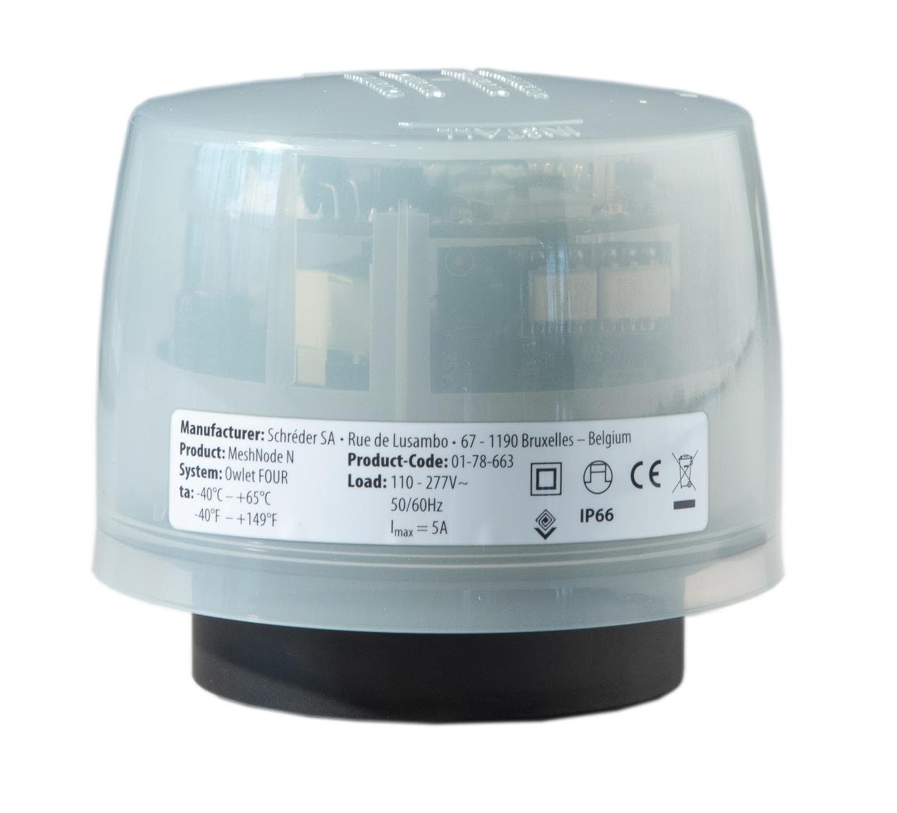 Luminaire controller that can control, manage, and collect data from luminaires via dimming control signals available through the NEMA receptacle, equipped with Mesh network connectivity - FCC ID 2AW4F-OW4NMNAM - Schreder SA