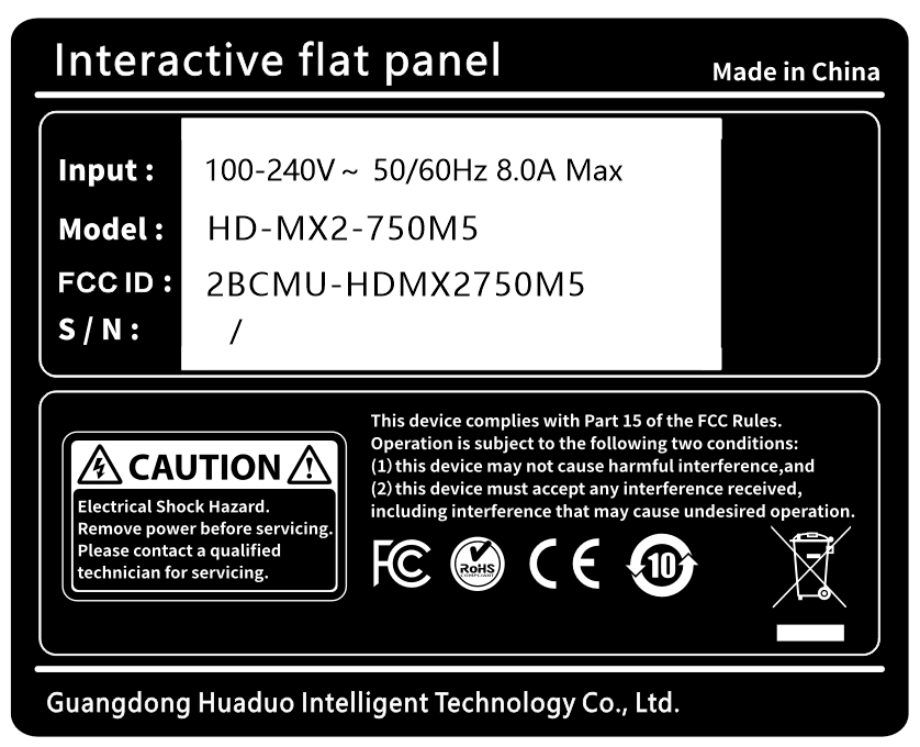 Interactive flat panel, Interactive flat panel display, Interactive display, Interactive touch monitor - FCC ID 2BCMU-HDMX2750M5 - Guangdong Huaduo Intelligent Technology Co., Ltd.