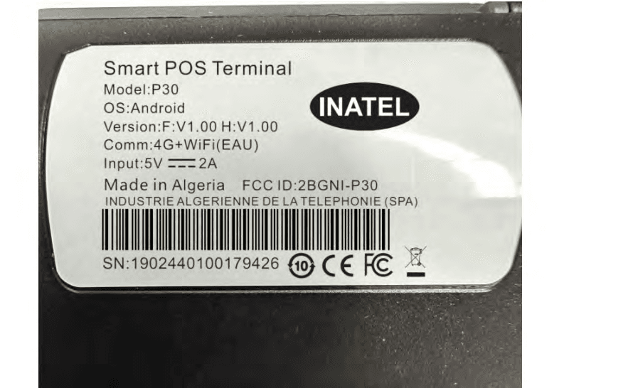 Smart POS Terminal - FCC ID 2BGNI-P30 - EPE INATEL SPA